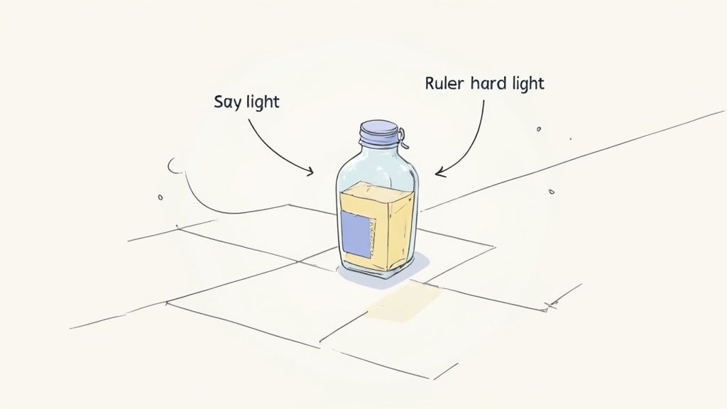 Illustration of a glass jar holding a yellow block, demonstrating lighting techniques on a tiled surface.