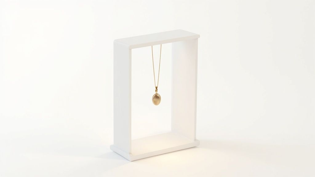 A gold locket on a chain displayed elegantly inside a minimalist white product photography box.