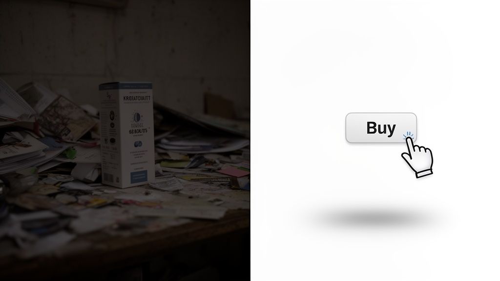 A product box on a messy desk next to a 'Buy' button with a clicking hand cursor.