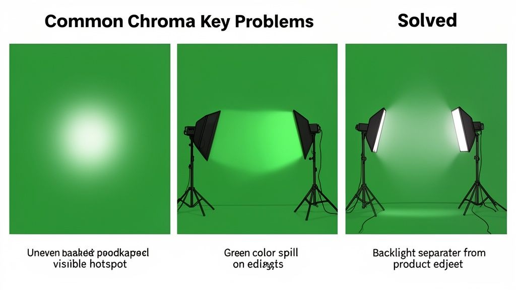 Illustration showing common chroma key problems like uneven lighting and color spill, and solved solutions.
