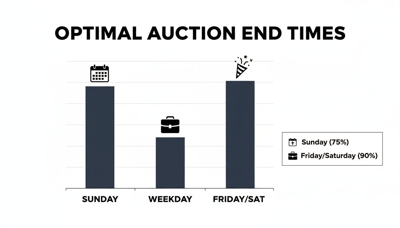 Bar chart comparing optimal auction end times, showing Friday/Saturday highest, Sunday second, and Weekday lowest.