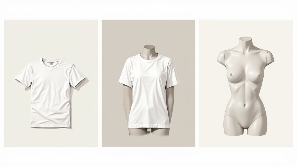 Three panels showing white t-shirt display options: flat lay, on a headless mannequin, and a female torso.