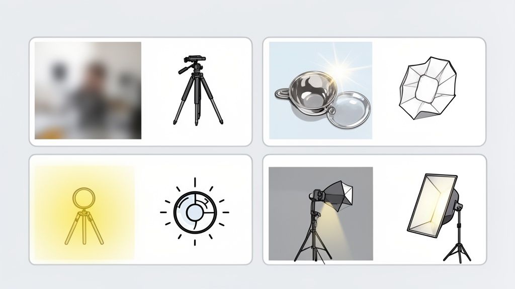 A grid showcasing various product photography equipment, including tripods, lighting setups, and props.