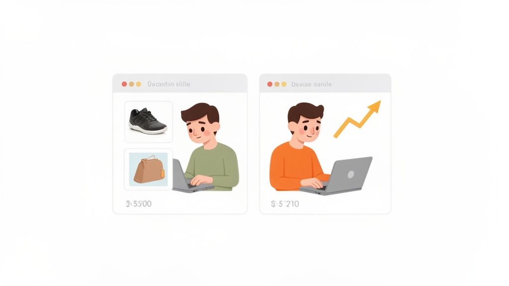 Cartoon men manage e-commerce on laptops, one with product listings, the other showing sales growth.