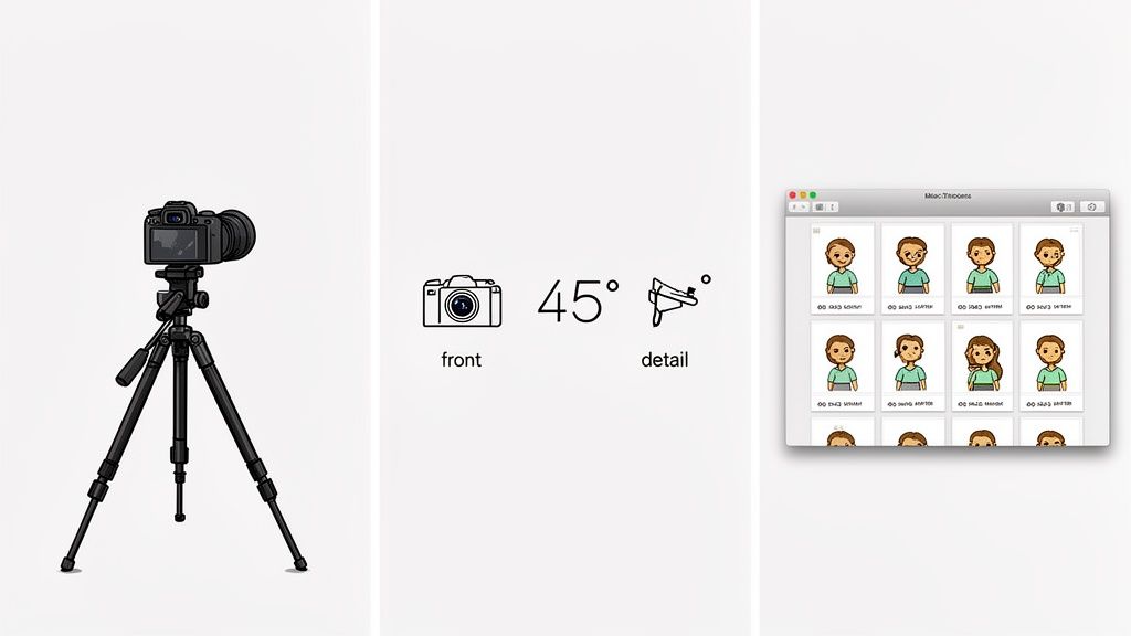 Illustration of a camera on a tripod, photography angle icons (front, 45 degrees, detail), and a grid of cartoon avatars.