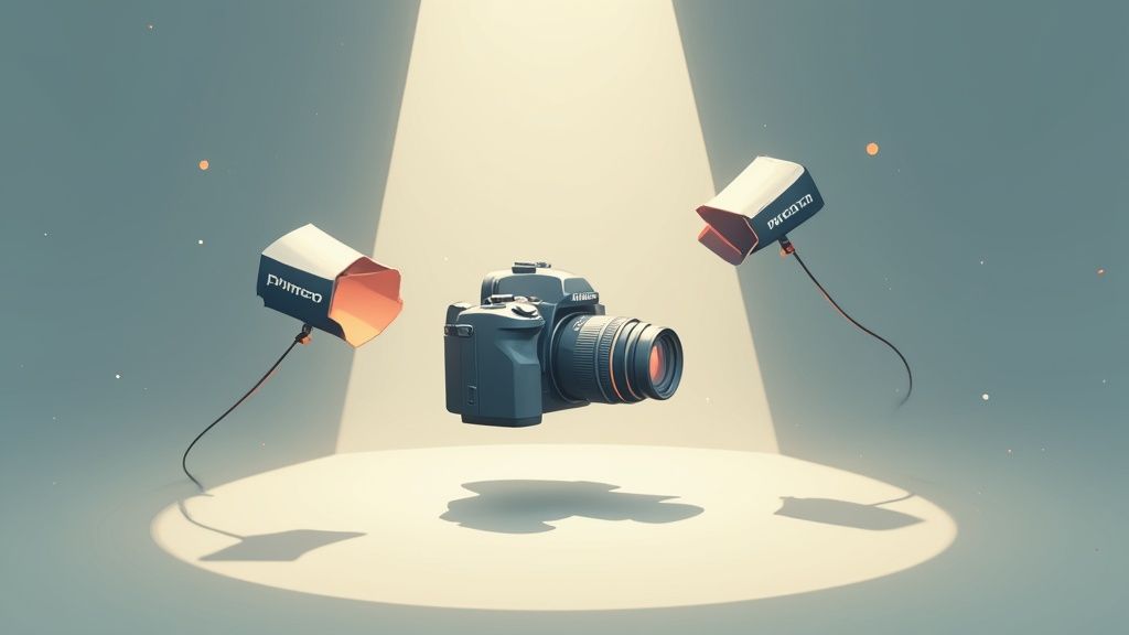 A camera lens and a studio light setup next to a product on a table.