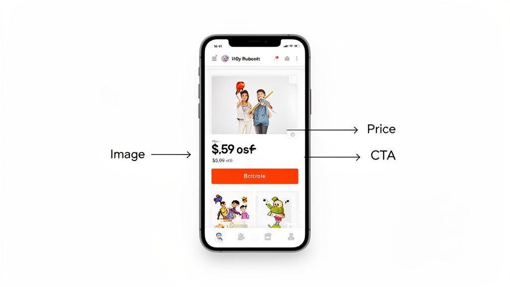A smartphone screen displaying a product image of two children, a price, and a call-to-action button.