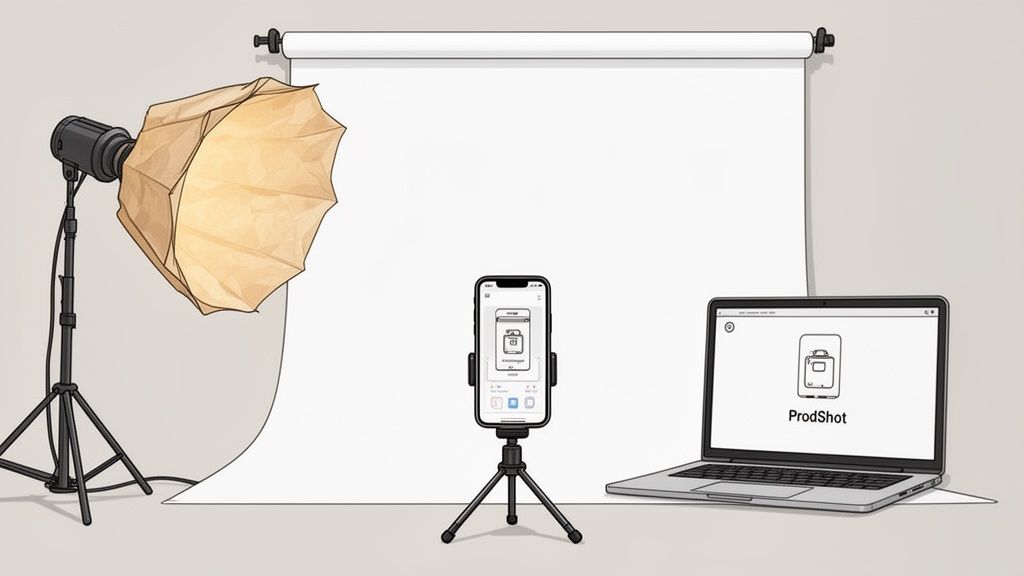 A product photography setup featuring a softbox light, white backdrop, iPhone on tripod, and laptop.