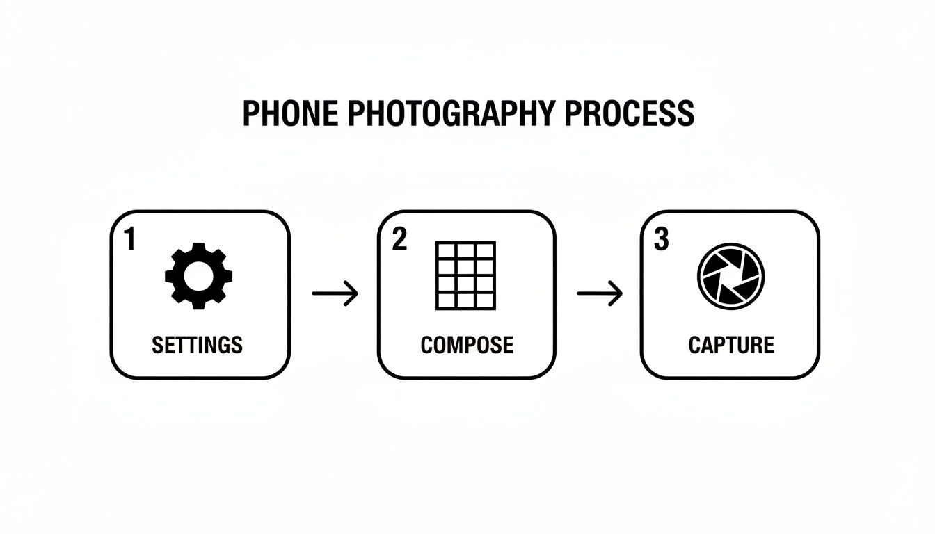 Infographic detailing the three-step phone photography process: Settings (gear), Compose (grid), and Capture (aperture).