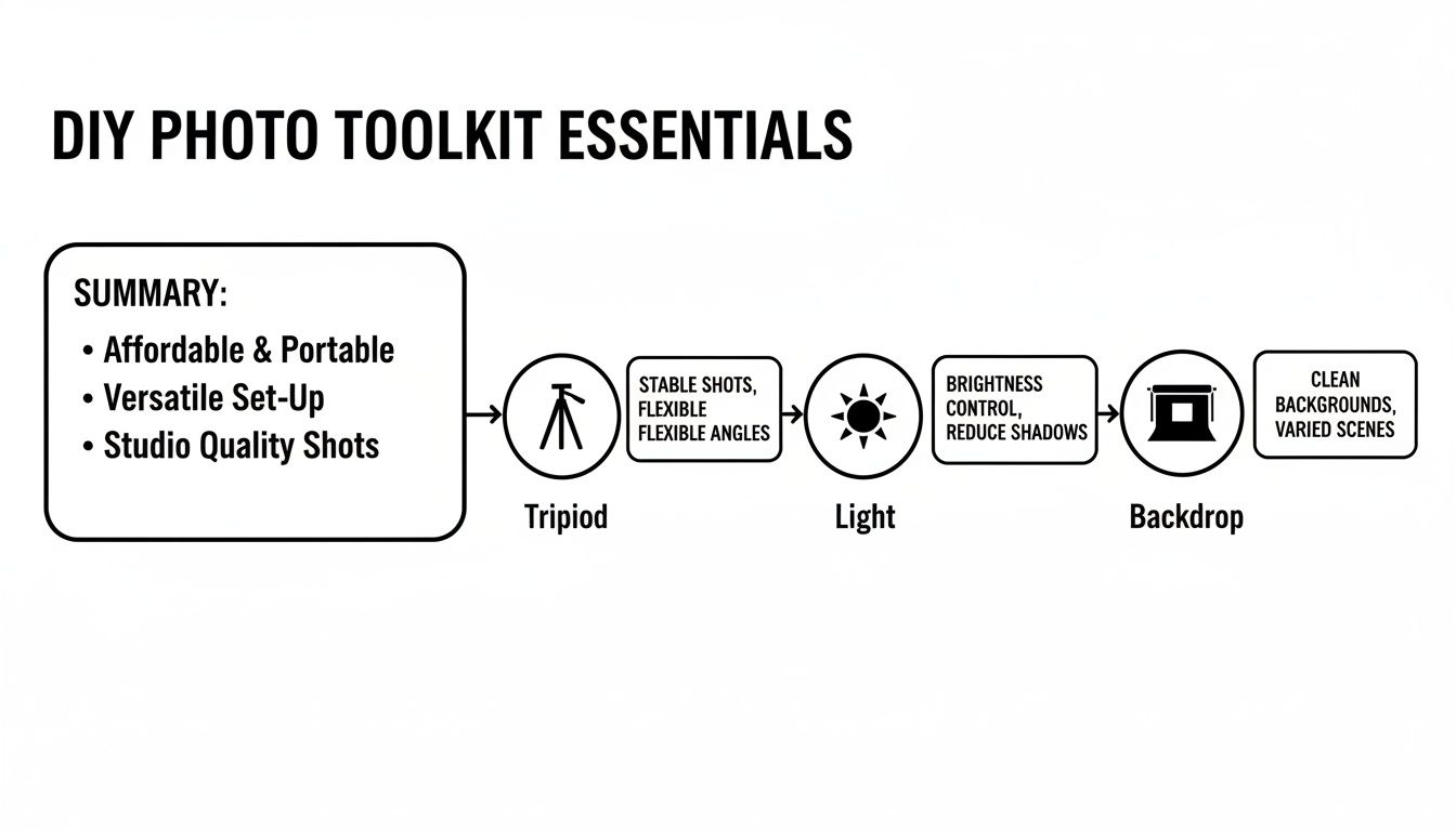 Flowchart detailing DIY photo toolkit essentials, outlining benefits and key components like tripod, light, and backdrop.