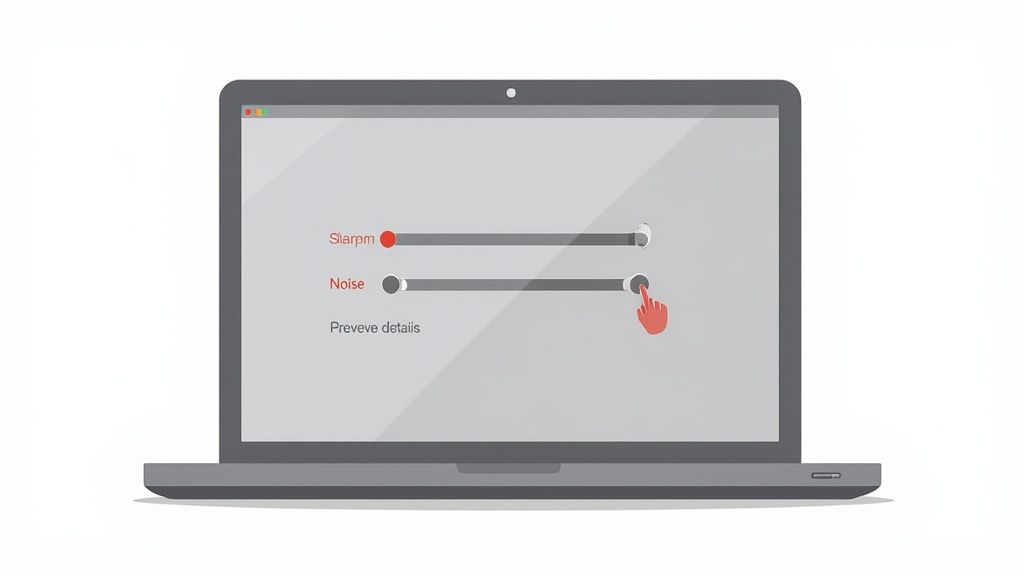 Laptop screen displaying photo editing sliders for adjusting sharpness and noise reduction settings