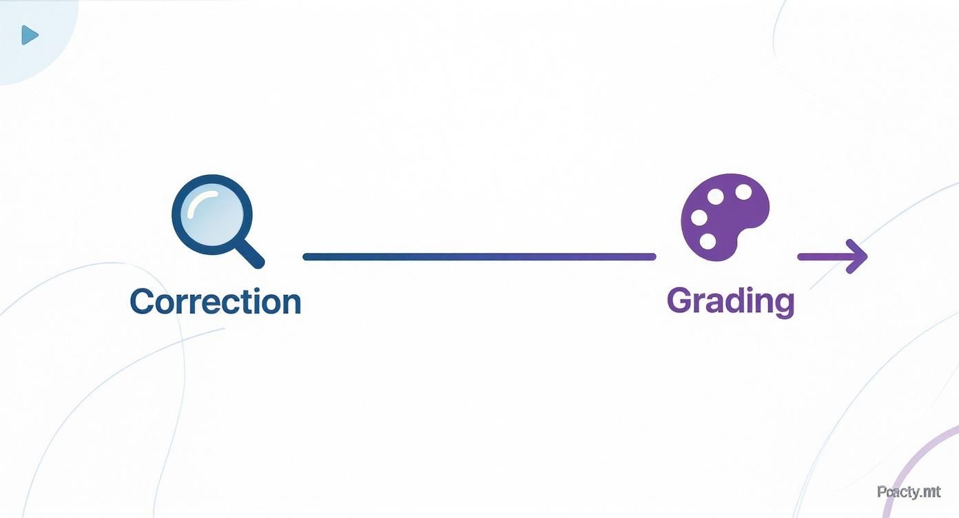 Diagram showing a magnifying glass for 'Correction' transitioning to a color palette for 'Grading' in a workflow.