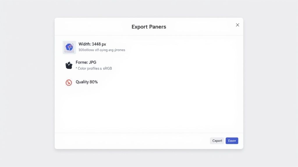 A white dialog box displays image export settings for width, format, color profile, and quality.