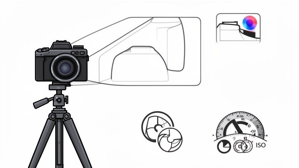 A camera on a tripod with diagrams illustrating photography settings for exposure, ISO, and white balance.