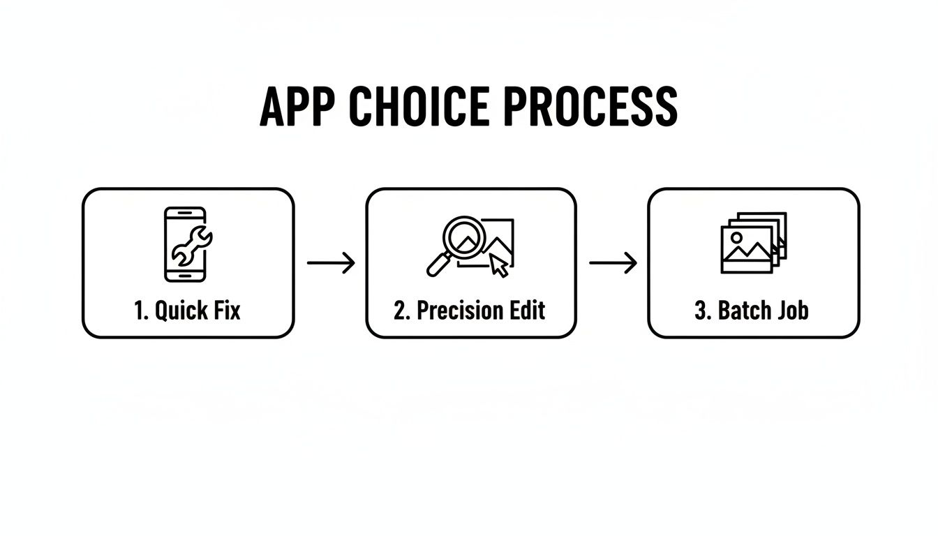 A flowchart illustrating an app choice process for image editing: Quick Fix, Precision Edit, and Batch Job.