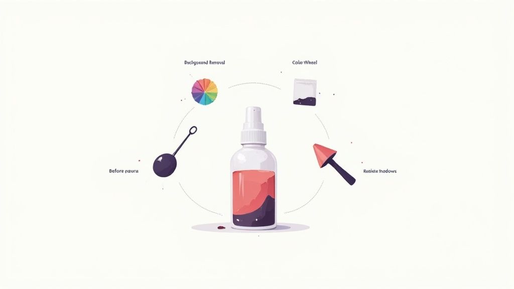 A product photo of a watch is edited on a screen, showing the background being removed and colors being enhanced.