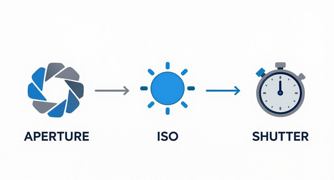 An illustration showing the photography exposure triangle: Aperture, ISO, and Shutter, connected by arrows.