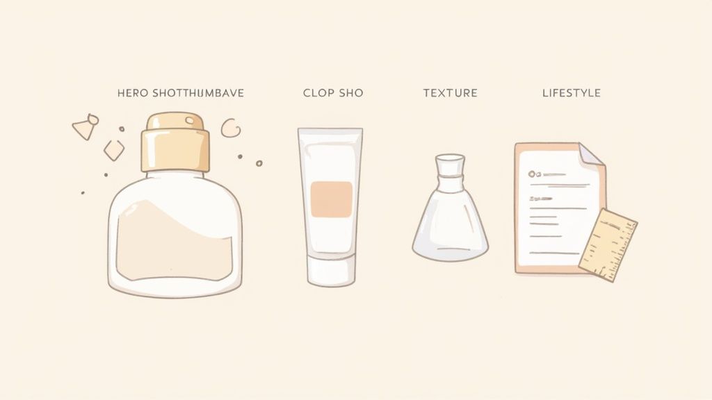 Illustrations of product photography categories: hero shot, crop shot, texture, and lifestyle with example products.