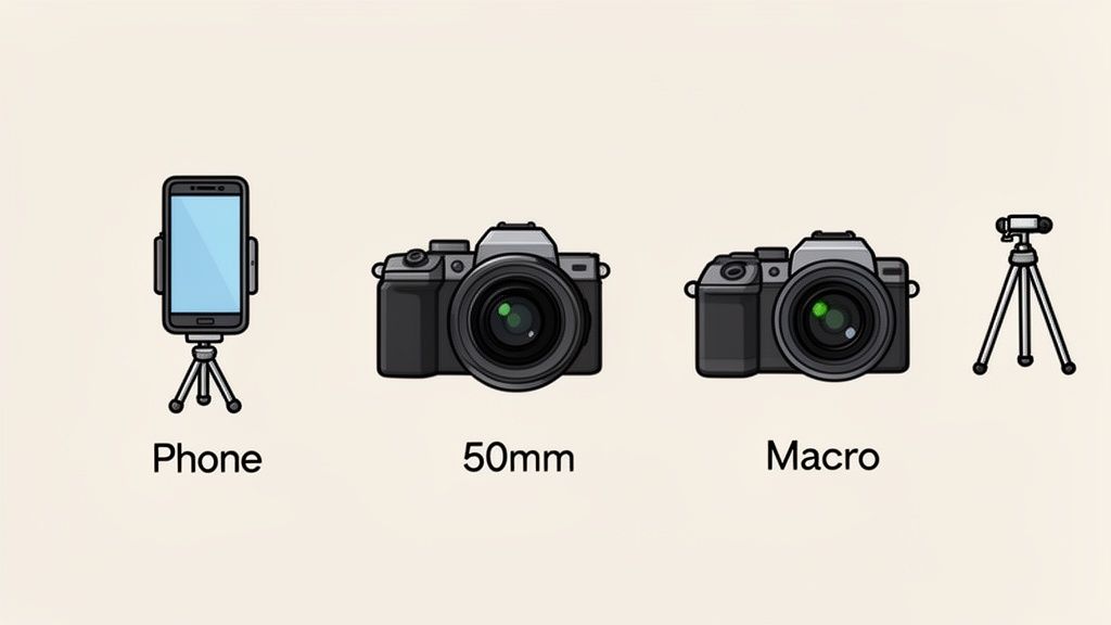 Illustration of various photography equipment: phone on tripod, 50mm camera, macro camera, and tripod.
