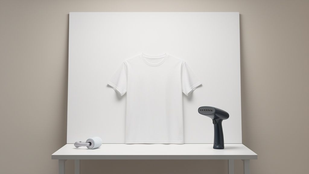 Clean white t-shirt displayed for product photography with a lint roller and garment steamer.