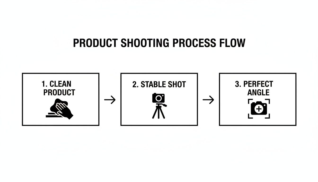 A step-by-step diagram illustrating the product shooting process, including cleaning, stable shots, and perfect angles.
