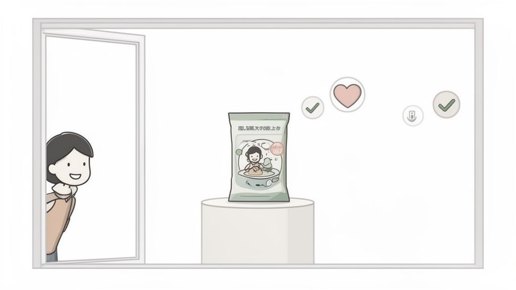A happy cartoon woman peeks from an open window, looking at a food package with various icons.