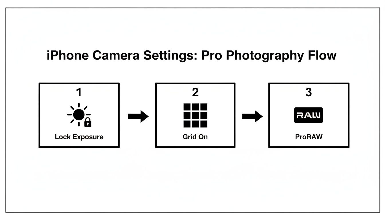 Flowchart illustrating iPhone camera settings for professional photography, detailing steps like lock exposure, grid on, and ProRAW.