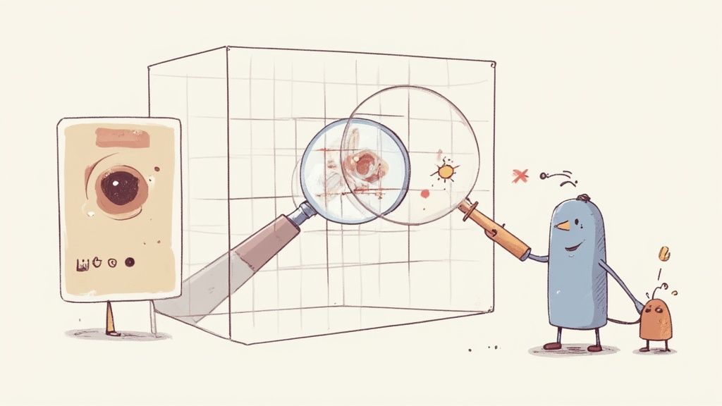 Cartoon characters use magnifying glasses to examine a rabbit and a sun symbol within a grid.