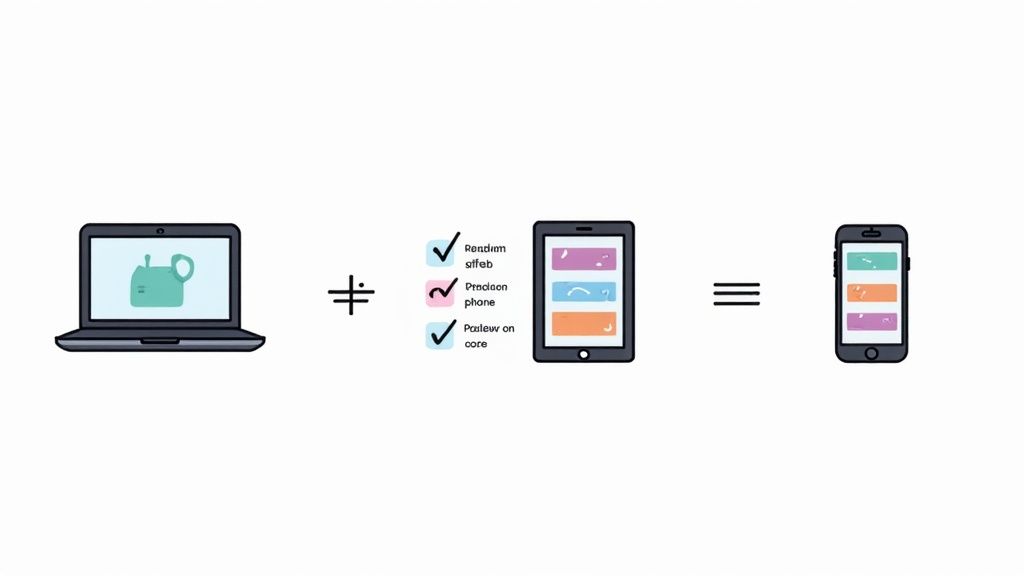 Responsive design concept illustrating how content adapts from laptop to tablet and mobile phone.