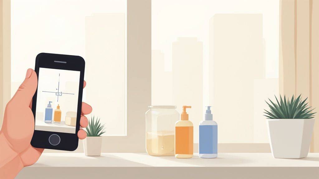 A hand holds a smartphone, capturing a photo of skincare products and a potted plant on a shelf.