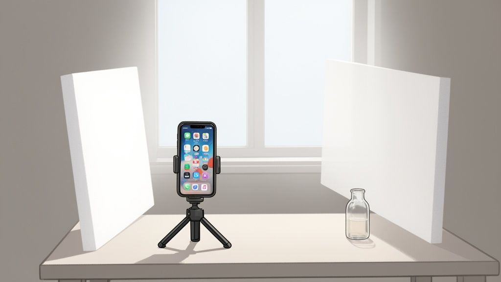 Simple product photography setup using a smartphone, tripod, white reflectors, and a glass bottle.