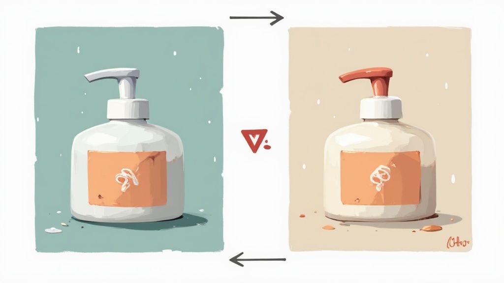 Two stylized liquid soap dispensers with different colored pumps and contrasting backgrounds.