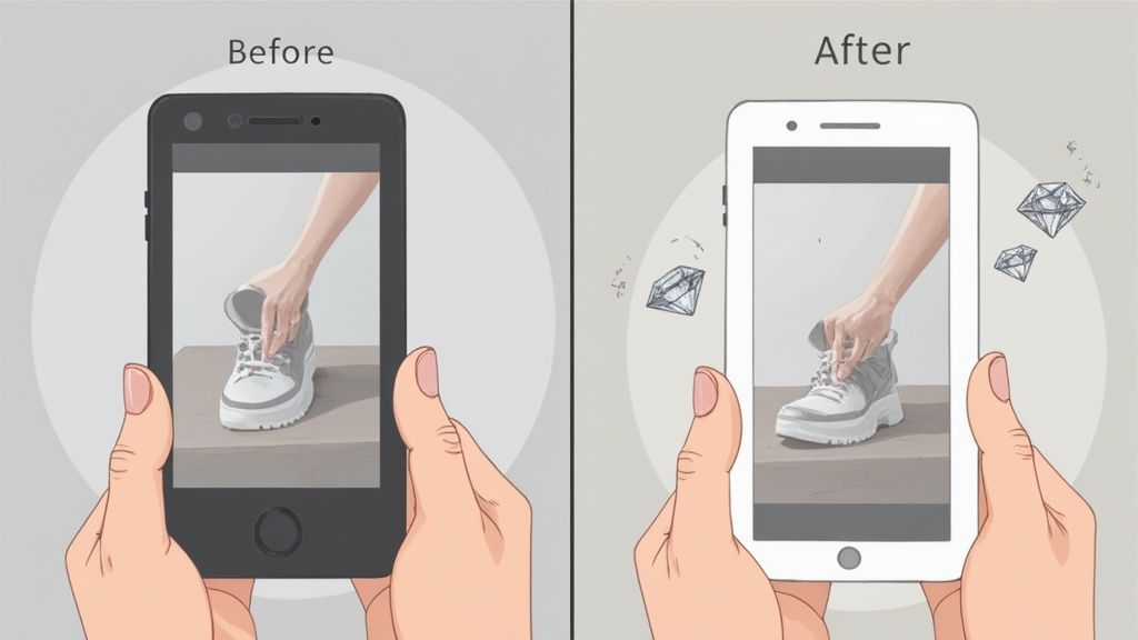 An ecommerce product, like a stylish watch, being professionally edited on a large computer monitor with editing software UI visible.