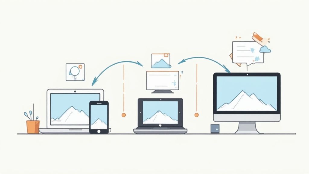 A smartphone and a desktop monitor displaying the same website, showing how images adapt to different screen sizes.