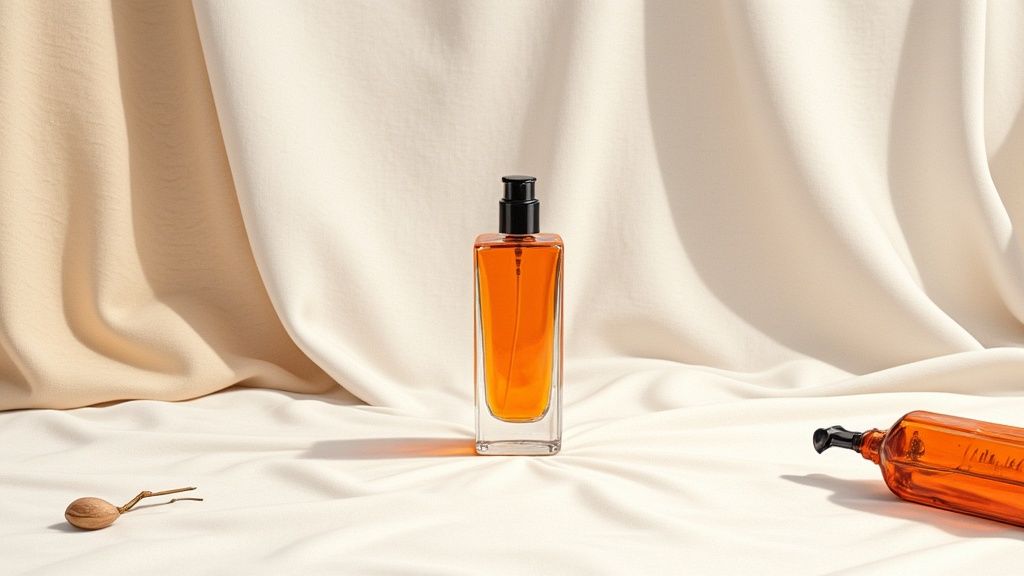 A minimalist product photography setup showing a cosmetic bottle arranged with geometric props and soft lighting.