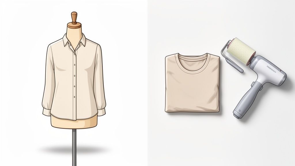 An illustration of a beige blouse on a mannequin, next to a folded t-shirt and a lint roller.