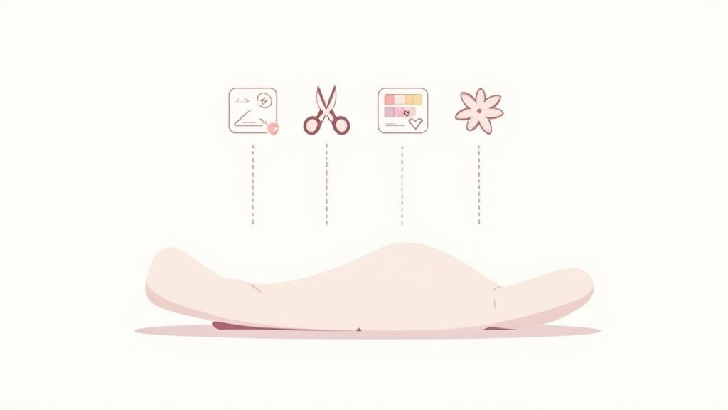 A designer's desk showing a tablet with an ecommerce product photo being edited, surrounded by color swatches and design tools.