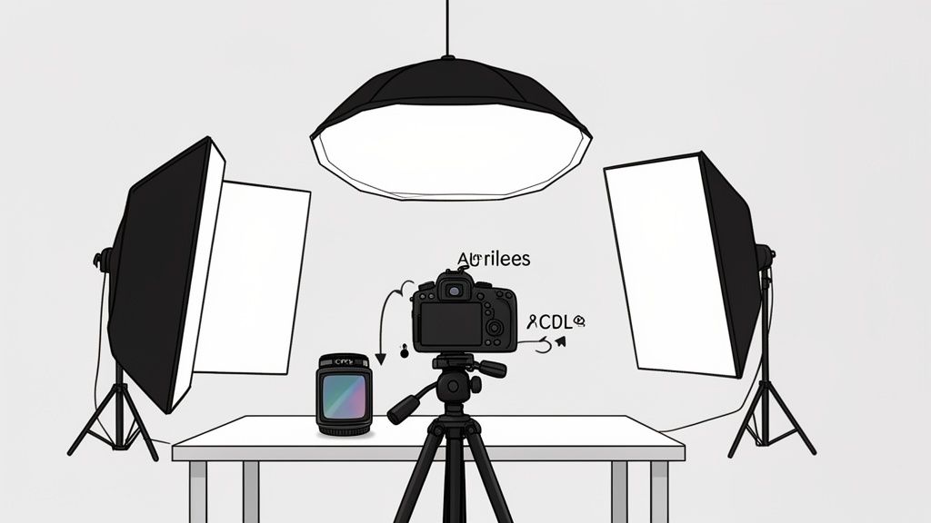 An illustration of a photography studio setup with a camera, product, and three lights.