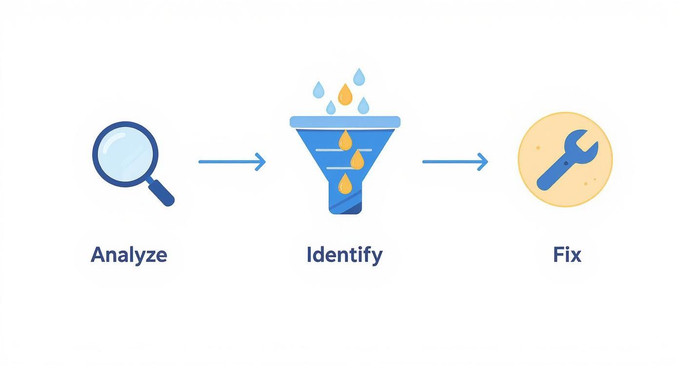 A three-step process: Analyze with a magnifying glass, Identify with a funnel, and Fix with a wrench.