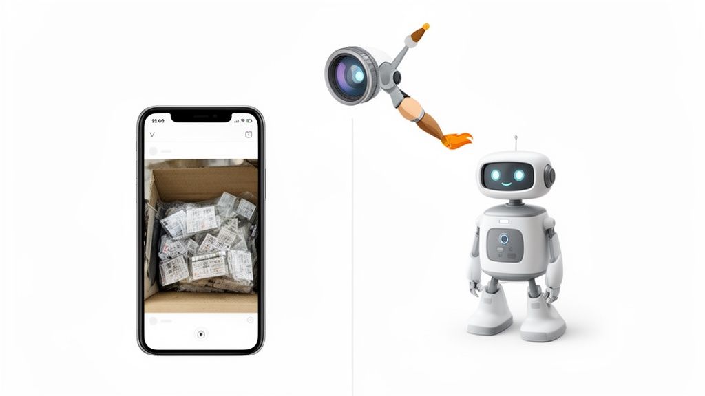 A smartphone shows a box of products, a flying camera lens, and a smiling white robot.