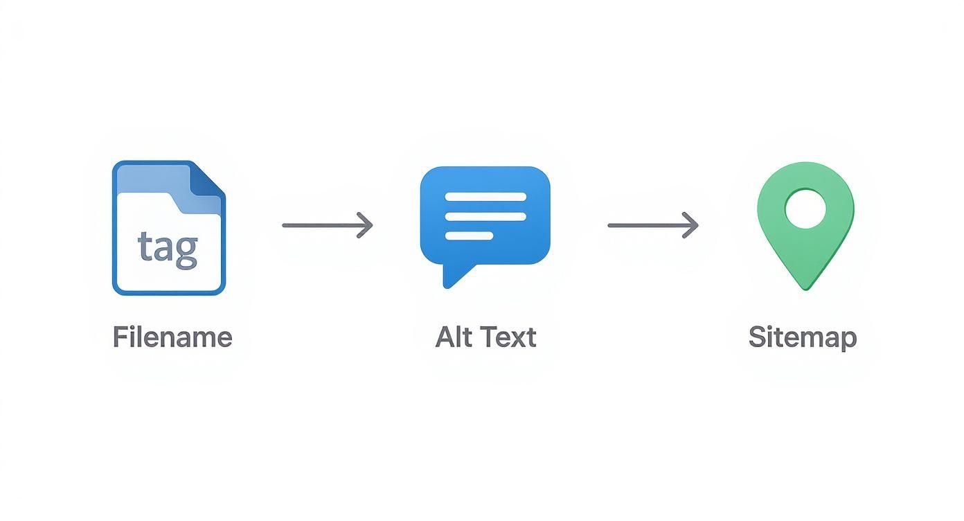 A diagram illustrates the sequential relationship between image filename, alt text, and sitemap for web optimization.