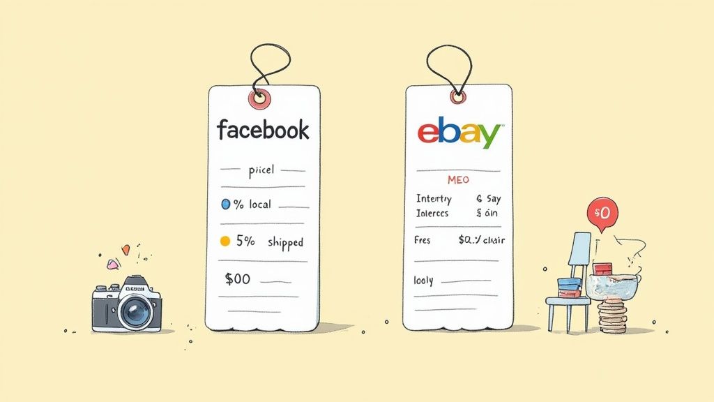 An image of a person calculating seller fees on a laptop with charts in the background