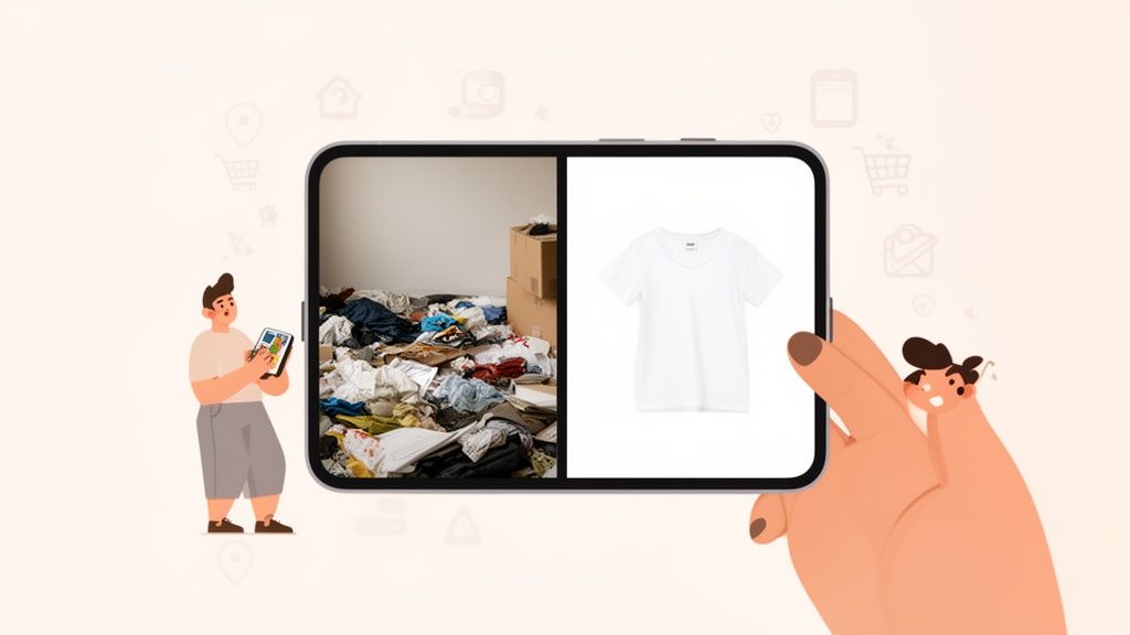 A cartoon man and hand hold a smartphone displaying messy clothes next to a clean white t-shirt.