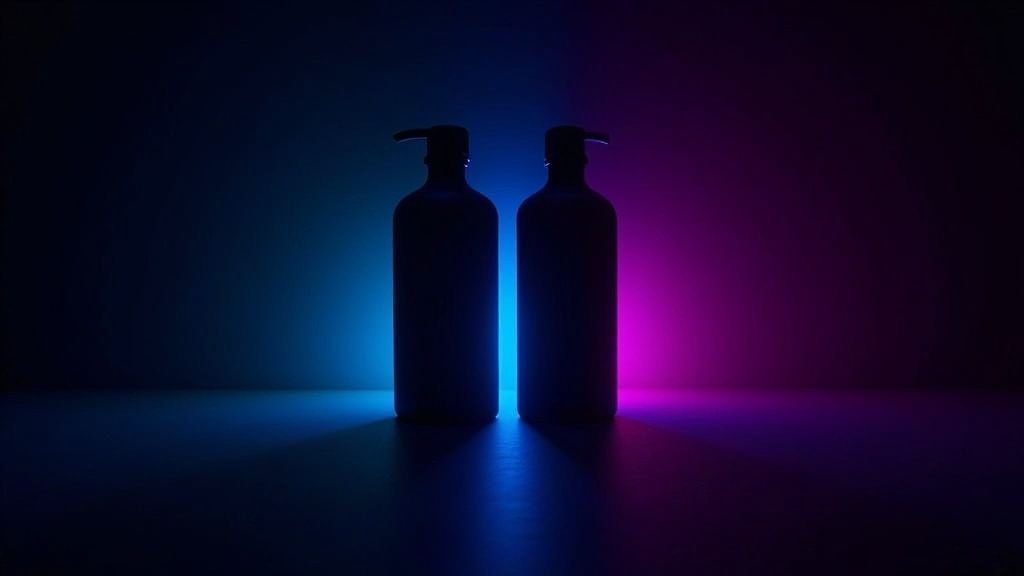 A product photography setup using a purple gel light to create a dramatic, moody effect on a bottle, highlighting its shape and texture against a dark background.