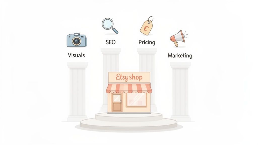Illustration showing an Etsy shop building supported by pillars representing visuals, SEO, pricing, and marketing.