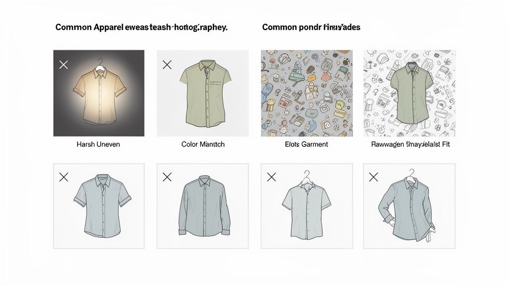 A grid displaying eight illustrations of men's shirts with labels indicating different apparel styles and issues.