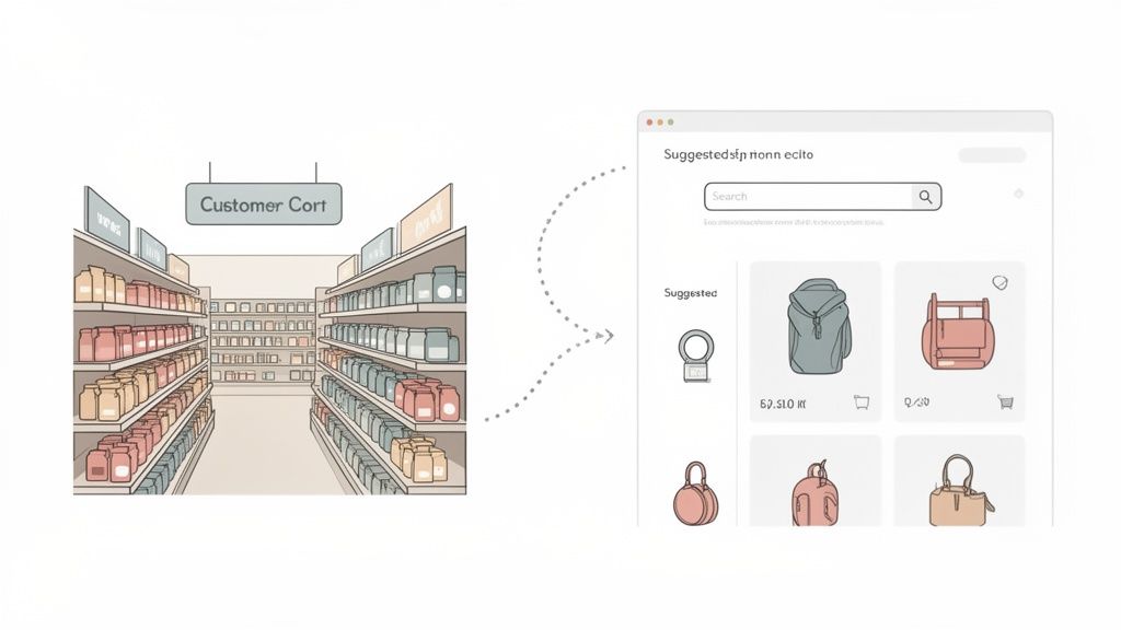 An illustration showing a physical supermarket aisle transforming into a digital e-commerce storefront with product suggestions.