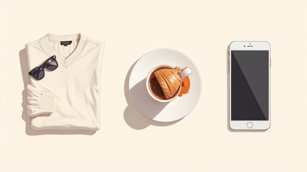 Flat lay arrangement of cream sweater with sunglasses, coffee cup, and smartphone on beige background