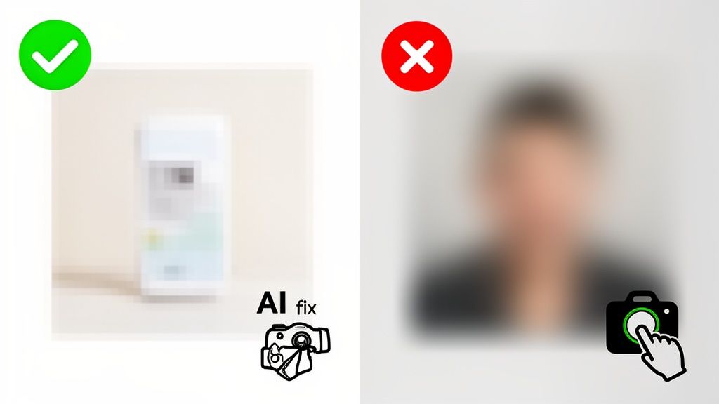AI-fixed blurry document image with a green check, next to a poor portrait with a red cross.