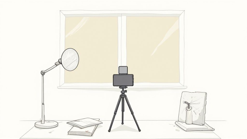 A smartphone on a tripod with a reflector and product photography setup near a window.